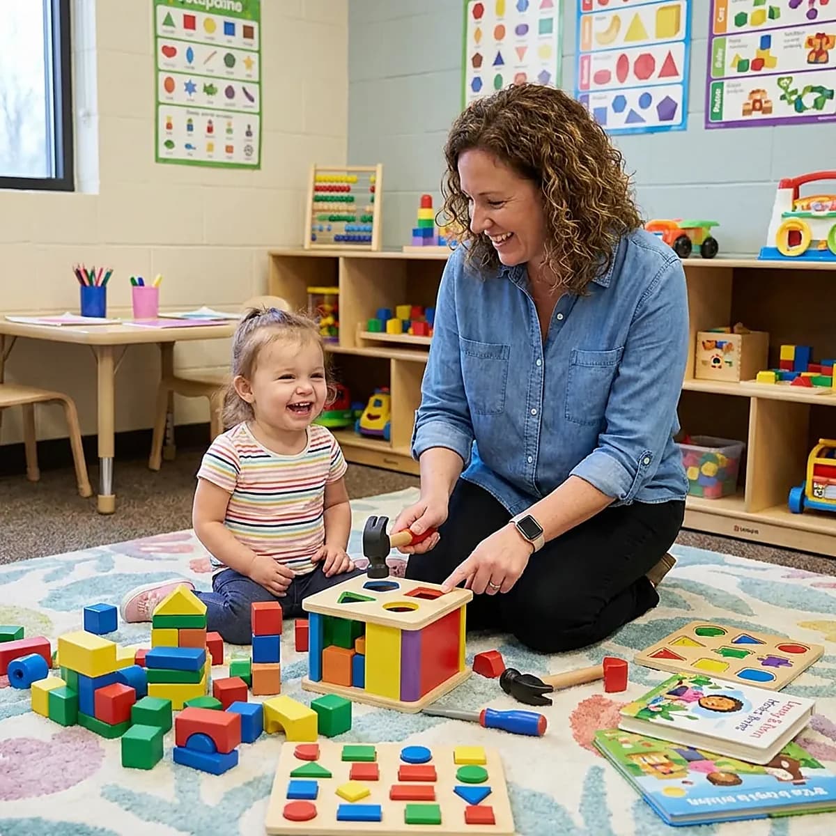 Caregiver and a laughing child playing with wooden toys
